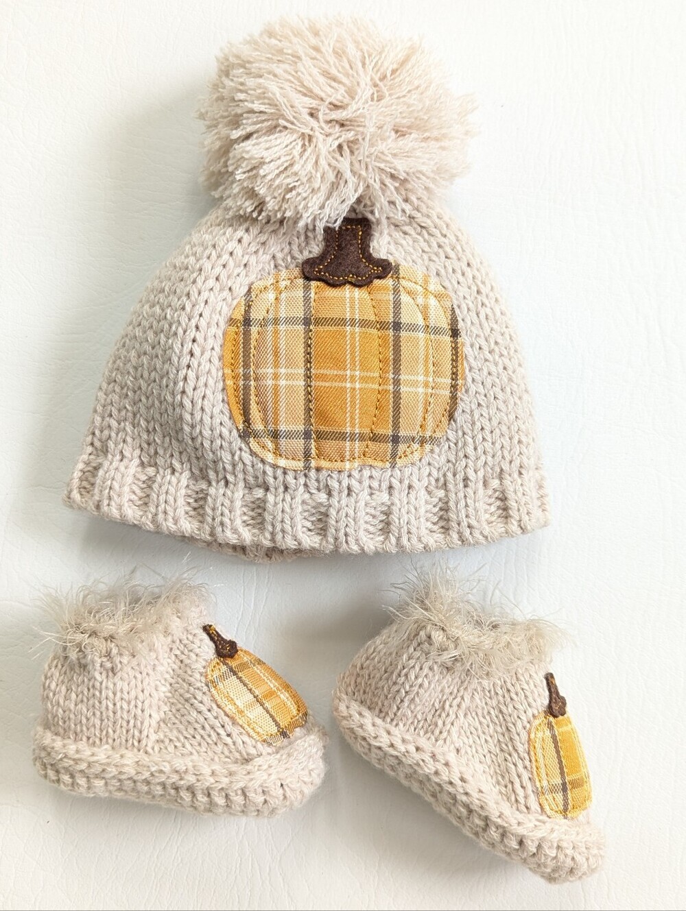 Little Me Harvest Fall Pumpkin Baby Knit Beanie & Booties Set Beige 0-6M Unisex